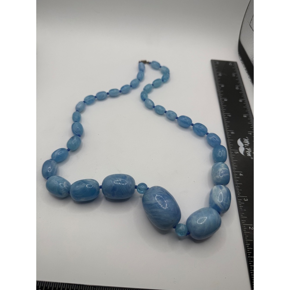 Vintage Blue Marbled Resin Bead Statement Necklace Brass Barrel Screw Clasp 18"‎